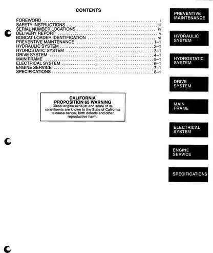 Bobcat 741 742 743 Skid Steer Loader Service Manual table of contents