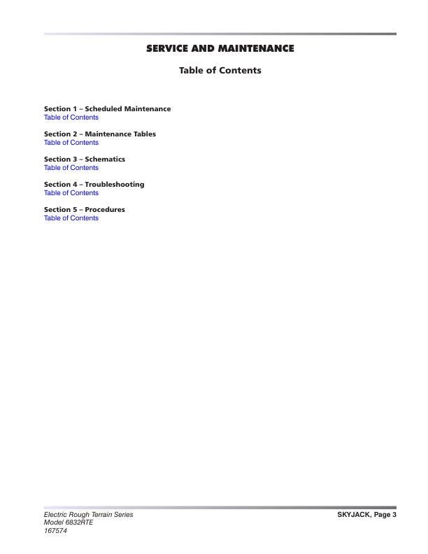 Skyjack 6832 RTE Rough Terrain Scissors Service Manual table of contents