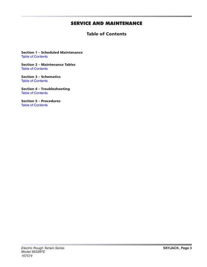 Skyjack 6832 RTE Rough Terrain Scissors Service Manual table of contents
