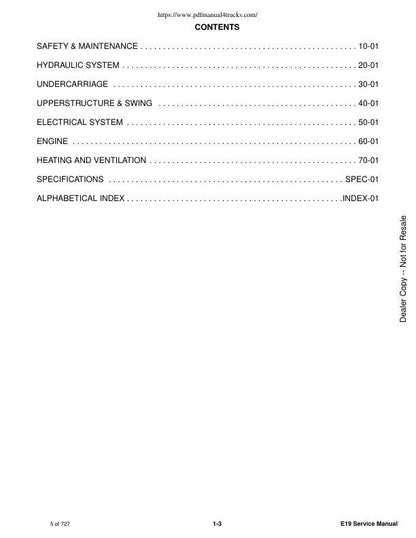 Bobcat E19 Compact Excavator Service Manual table of contents