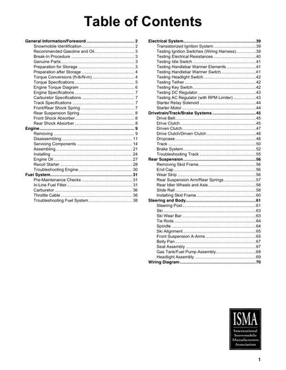 Arctic Cat ZR 200 Snowmobile Service Manual table of contents