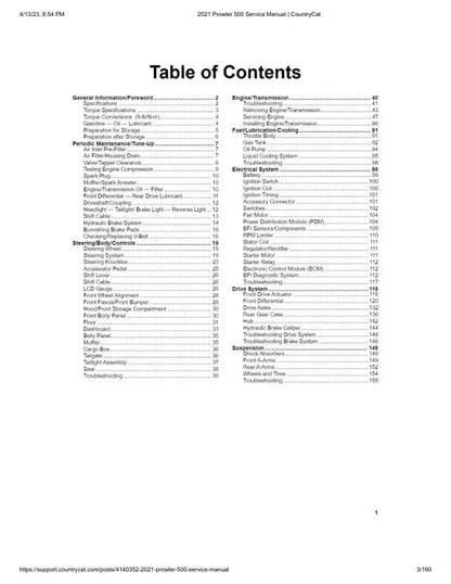 Arctic Cat Prowler 500 UTV Service Manual table of contents
