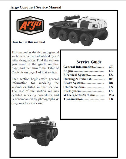 Argo Conquest 8x8 UTV Service Manual table of contents