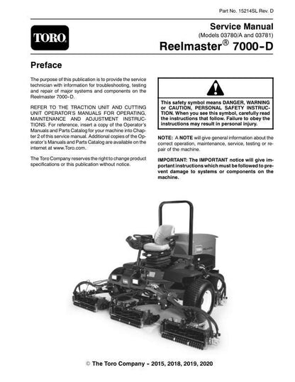 Toro Reelmaster 7000 D Mower Service Manual table of contents