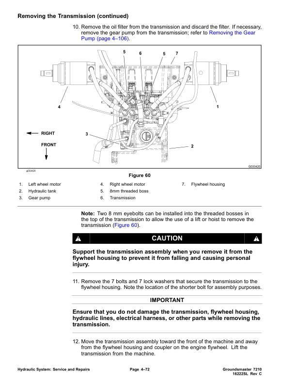Toro Groundsmaster 7210 Mower Service Manual sample page showing repair procedures