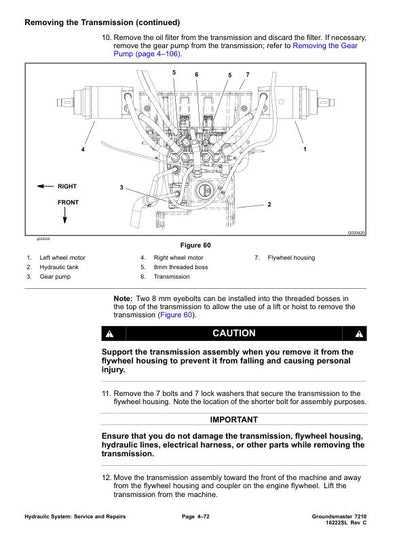 Toro Groundsmaster 7210 Mower Service Manual sample page showing repair procedures