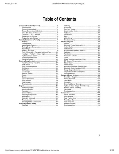 Arctic Cat Wildcat XX UTV Service Manual table of contents