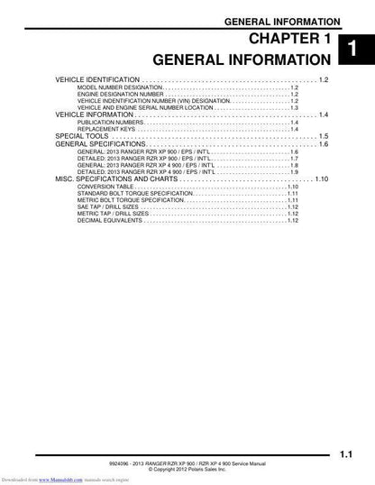Polaris RZR 900 EPS XP XP4 UTV Service Manual factory service manual title page