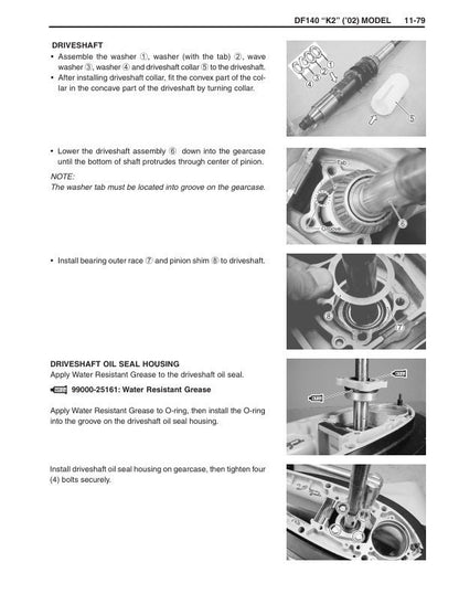 Suzuki DF90 DF100 DF115 DF140 Outboard Service Manual sample page with diagrams and specifications
