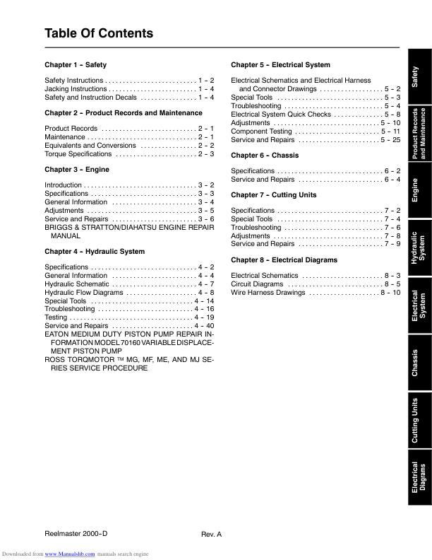 Toro Reelmaster 2000 D Mower Service Manual table of contents