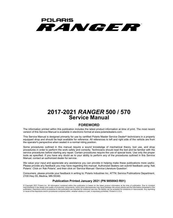 Polaris RZR 500 570 UTV Service Manual factory service manual title page