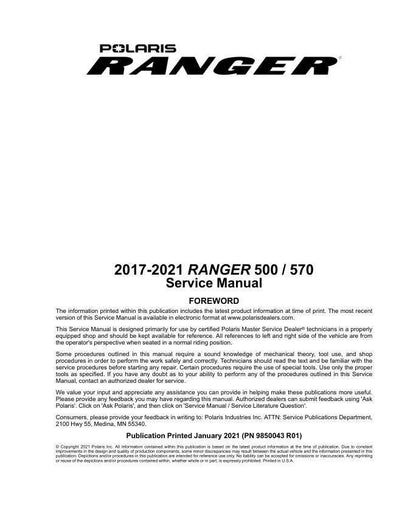 Polaris RZR 500 570 UTV Service Manual factory service manual title page