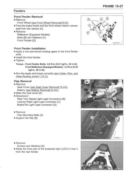 Kawasaki Ninja ZX-10R Motorcycle Service Manual sample page with service data and tables