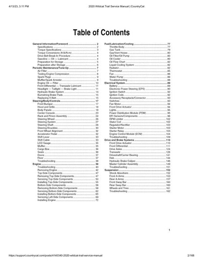 Arctic Cat Wildcat Trail UTV Service Manual table of contents