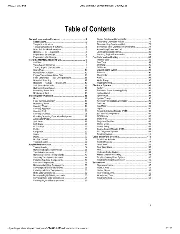 Arctic Cat Wildcat X 1000 UTV Service Manual table of contents