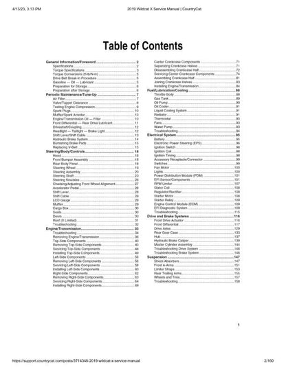Arctic Cat Wildcat X 1000 UTV Service Manual table of contents
