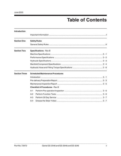 Genie GS 2046 2646 3246 Scissor Lift Service Manual table of contents