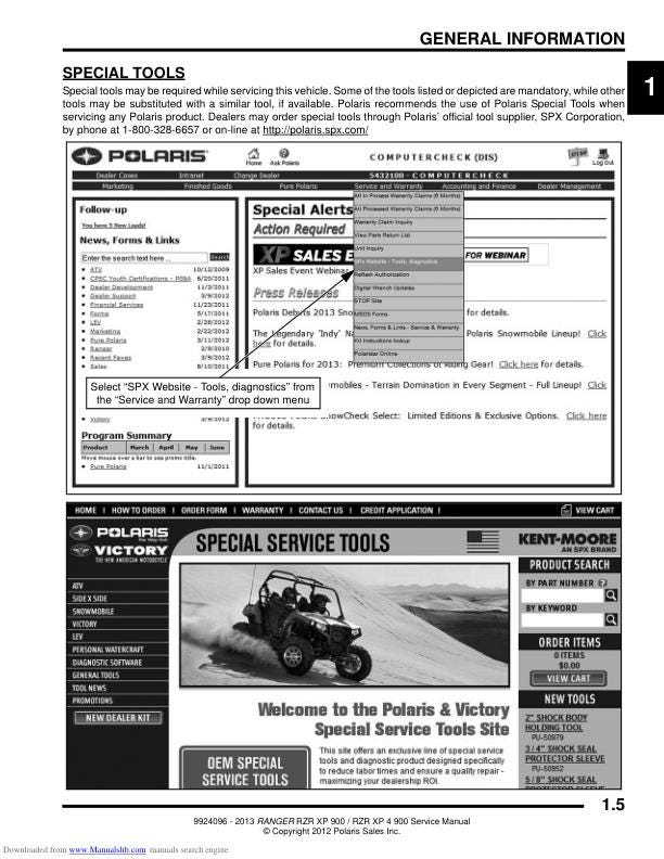 Polaris RZR 900 EPS XP XP4 UTV Service Manual table of contents