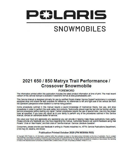 Polaris MATRYX 650 850 Snowmobile Service Manual sample page with diagrams and specifications