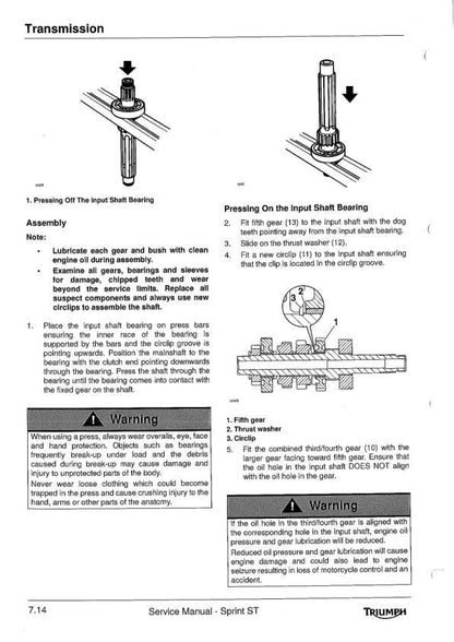 Triumph Sprint ST1050 Motorcycle Service Manual sample page showing repair procedures