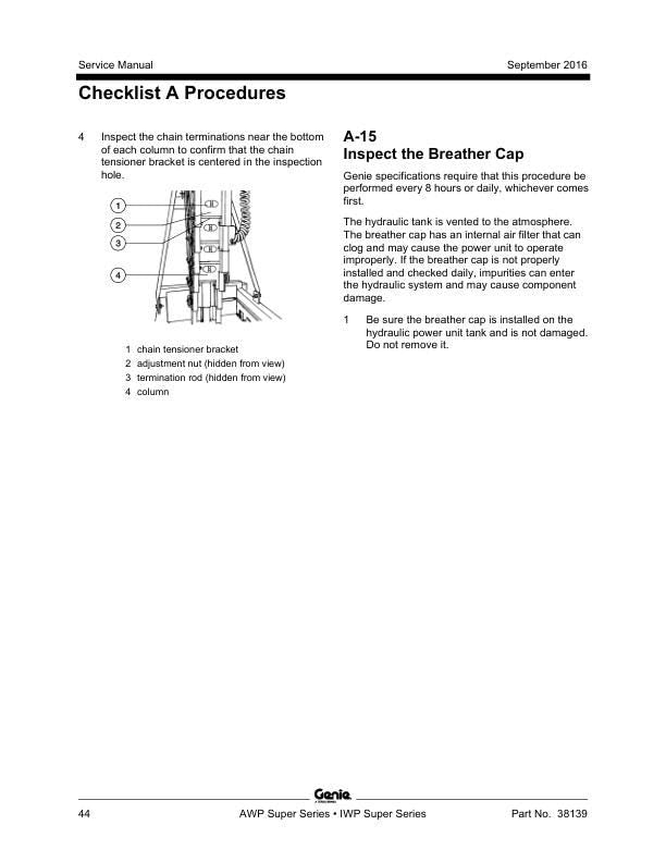Genie AWP IWP Super Series Lift Service Manual sample page with diagrams and specifications