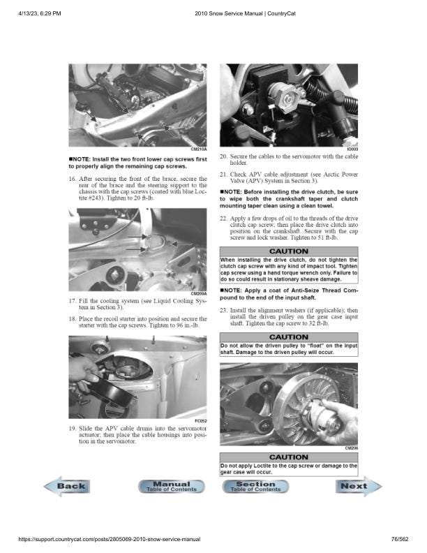 Arctic Cat Crossfire Bearcat M6 M8 F6 F8 Snowmobile Service Manual table of contents