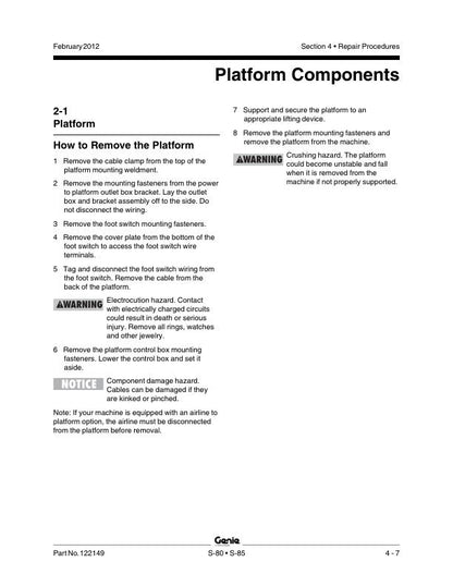 Genie S80 S85 Telescopic Boom Lift Service Manual sample page from the repair manual