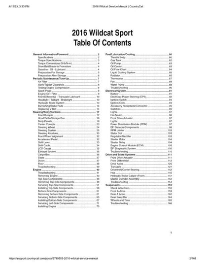Arctic Cat Wildcat Sport 700 UTV Service Manual table of contents