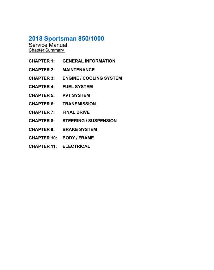 Polaris Sportsman XP 850 1000 ATV Service Manual table of contents