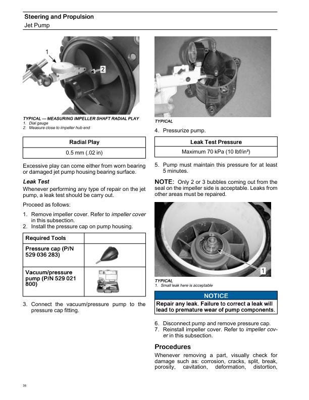 Sea-Doo Switch Pontoon Boat Service Manual sample page with diagrams and specifications