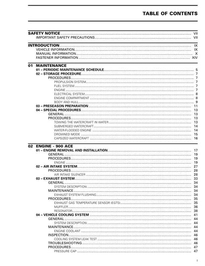 Seadoo GTI GTR Wake 170 Fish Pro Service Manual table of contents