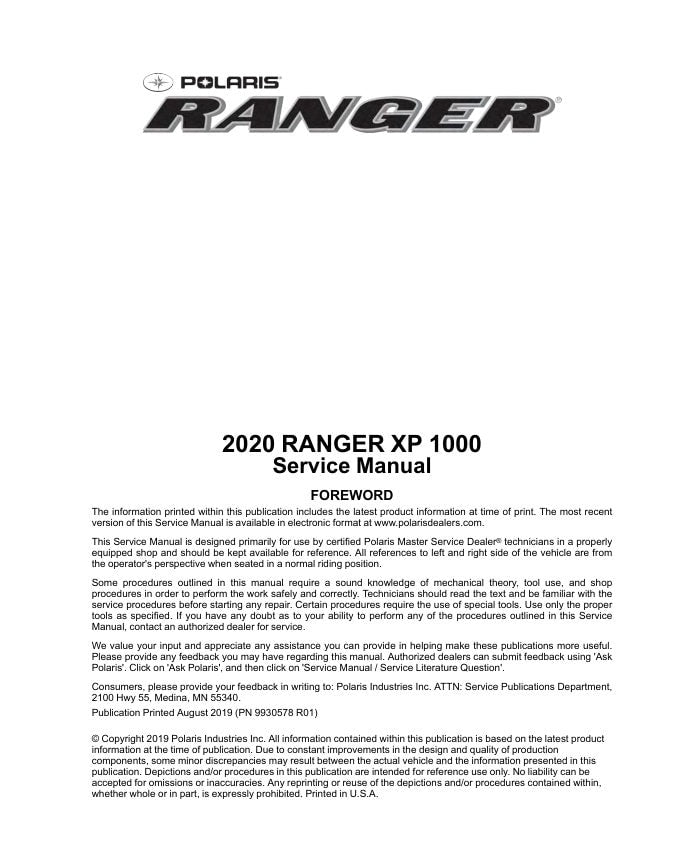 Polaris Ranger XP 1000 UTV Service Manual factory service manual title page