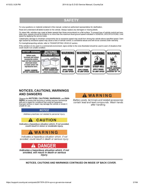 EZGO Terrain 1000 72v Golf Cart Service Manual sample page with service data and tables