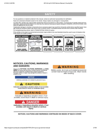 EZGO Terrain 1000 72v Golf Cart Service Manual sample page with service data and tables