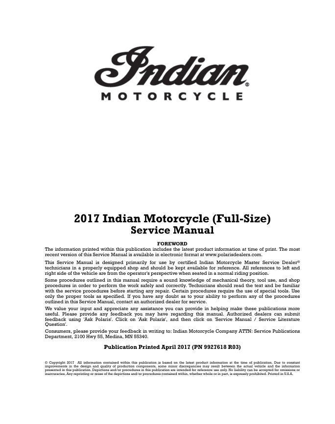 Indian Chief Roadmaster Springfield Motorcycle Service Manual factory service manual title page