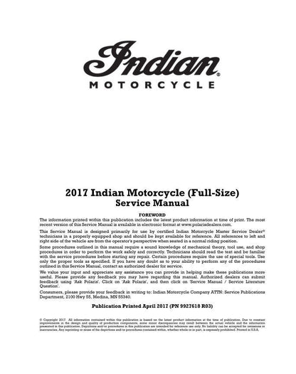 Indian Chief Roadmaster Springfield Motorcycle Service Manual factory service manual title page