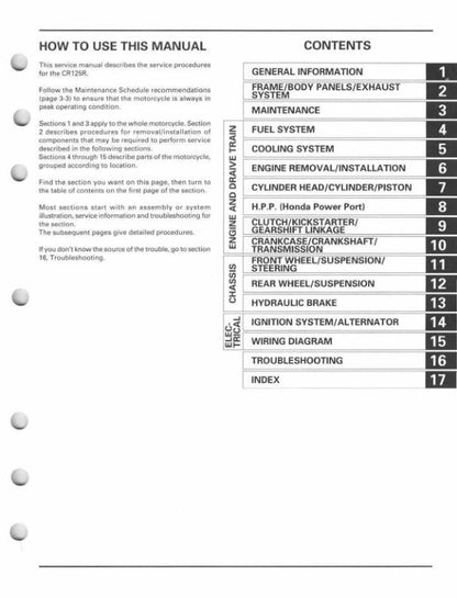 Honda CR 125 R Motorcycle Service Manual table of contents
