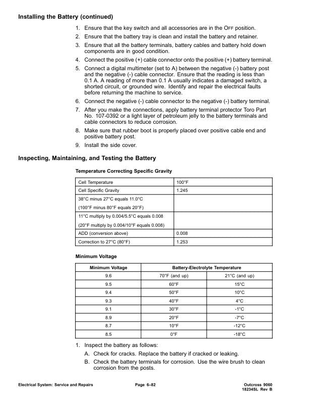 Toro 9060 Outcross Mower Service Manual sample page with service data and tables