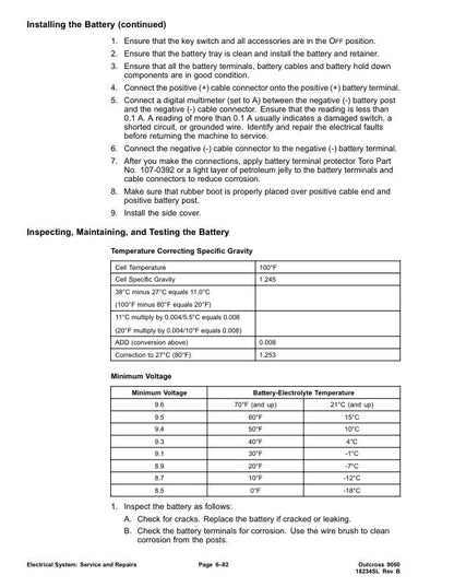 Toro 9060 Outcross Mower Service Manual sample page with service data and tables