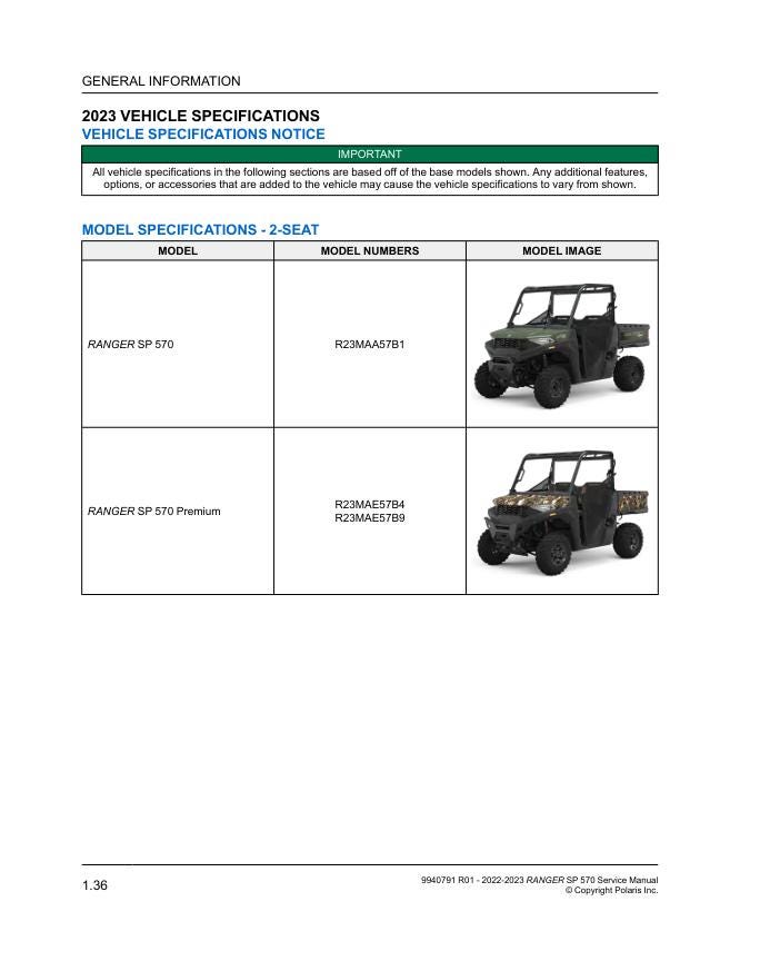 Polaris Ranger SP 570 UTV Service Manual sample page from service manual
