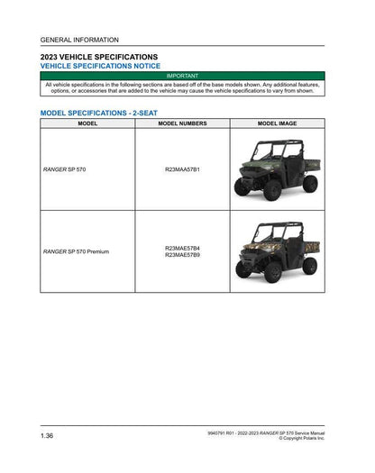 Polaris Ranger SP 570 UTV Service Manual sample page from service manual