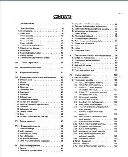 Yanmar YM135-YM4000 Tractor Service Manual table of contents