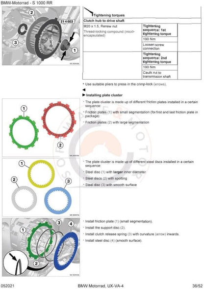 BMW S1000 RR K67 Motorcycle Service Manual sample page with diagrams and specifications