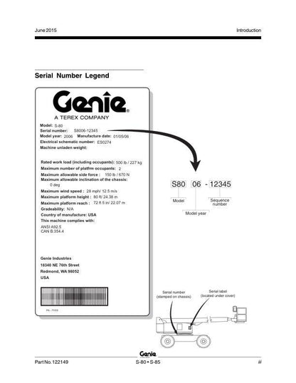 Genie S80 S85 Telescopic Boom Lift Service Manual table of contents