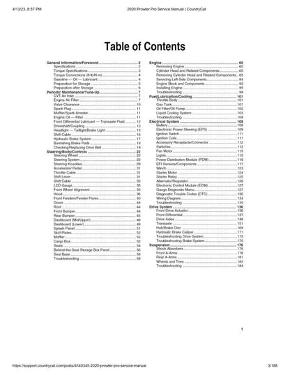 Arctic Cat Prowler Pro UTV Service Manual table of contents