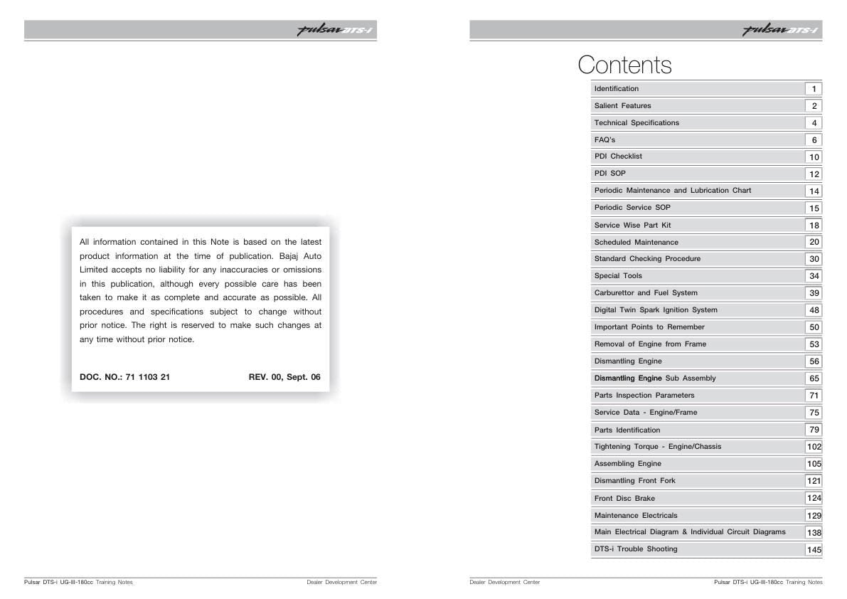 Baja Pulsar DTSi 180 Motorcycle Service Manual sample page with service data and tables