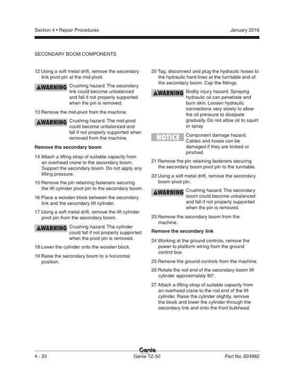 Genie TZ 50 Towable Aerial Lift Service Manual sample page with technical illustrations