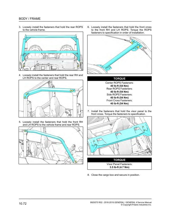 Polaris General 1000 UTV Service Manual sample page with service data and tables