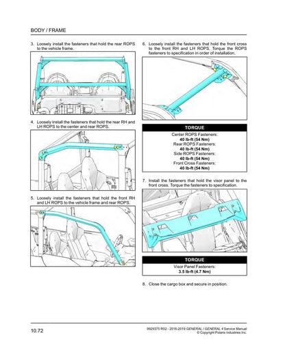 Polaris General 1000 UTV Service Manual sample page with service data and tables