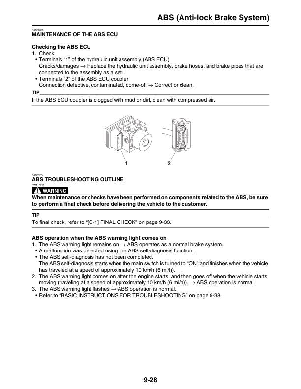 Yamaha MT10 MT10SP Motorcycle Service Manual sample page with service data and tables